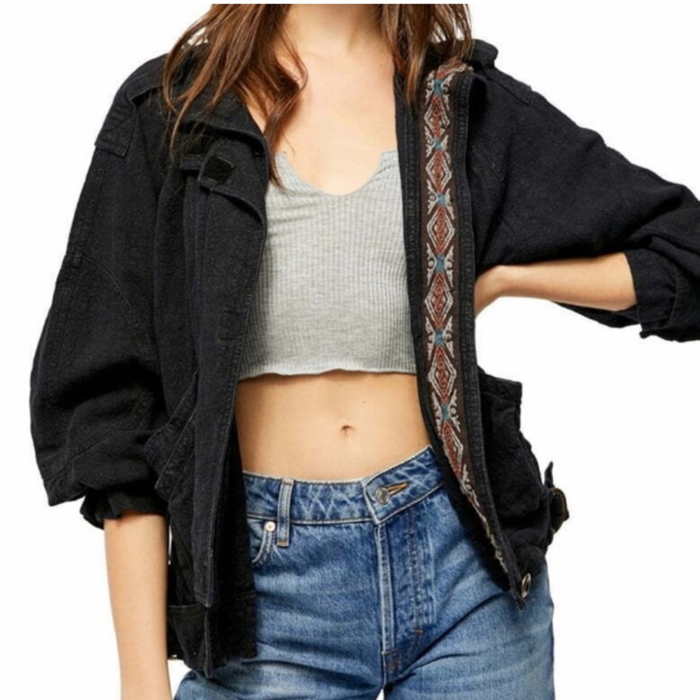 NWT Free People Women’s Sz S Black Jayde Safari Bomber Jacket  Embroidered